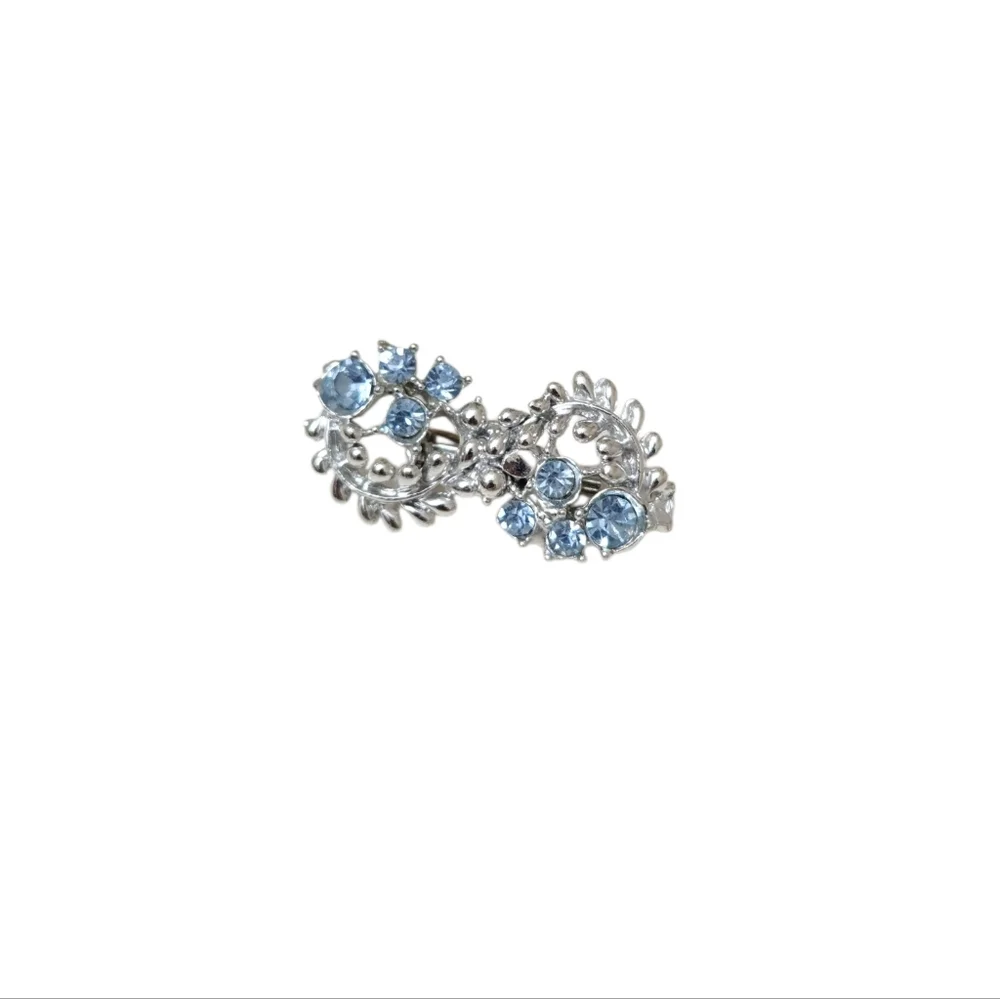 Vintage Elegant‎ Silver and Blue Double Flower Floral Womens Rhinestone Brooch